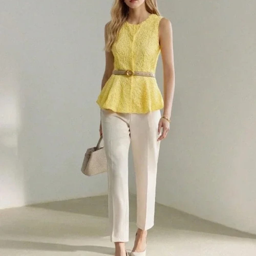 Yellow Elegant Women's Button Front Peplum Sleeveless Blouse